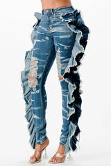 Acid Washed Butterfly Ruffle Skinny Jeans