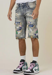 Hand paint and logo print denim shorts