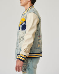 Hand Drawing Leather Sleeves Denim Varsity Jacket