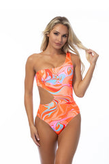 WAVE PRINTED ONE SHOULDER ONE PIECE SWIMSUIT