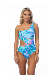 WAVE PRINTED ONE SHOULDER ONE PIECE SWIMSUIT