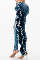 Acid Washed Butterfly Ruffle Skinny Jeans