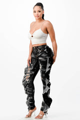 Acid Washed Butterfly Ruffle Skinny Jeans