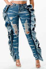 Acid Washed Butterfly Ruffle Skinny Jeans