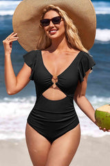 Ruffle O-Ring Cutout One Piece Bathing Suit