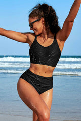 High Waisted V Neck Ruched Waterproof Bikini Set