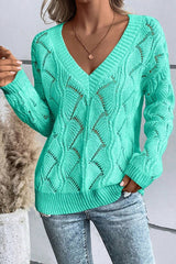 Women Hollow Out Knit V Neck Drop Shoulder Sweater