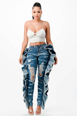 Acid Washed Butterfly Ruffle Skinny Jeans