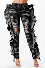 Acid Washed Butterfly Ruffle Skinny Jeans