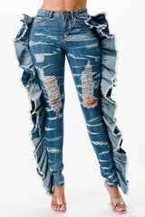 Acid Washed Butterfly Ruffle Skinny Jeans