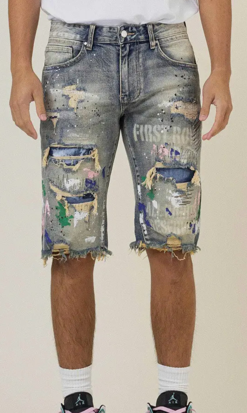 Hand paint and logo print denim shorts