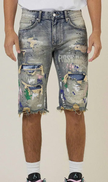 Hand paint and logo print denim shorts