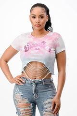 Tie Dye Cut Crop Tank Top Pink Foil Print