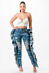 Acid Washed Butterfly Ruffle Skinny Jeans