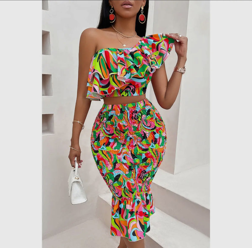 Allover Print One Shoulder Ruffle Trim Crop Set