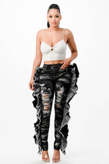 Acid Washed Butterfly Ruffle Skinny Jeans