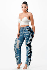 Acid Washed Butterfly Ruffle Skinny Jeans