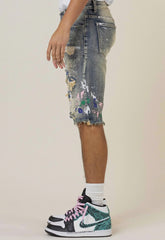 Hand paint and logo print denim shorts