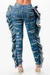 Acid Washed Butterfly Ruffle Skinny Jeans