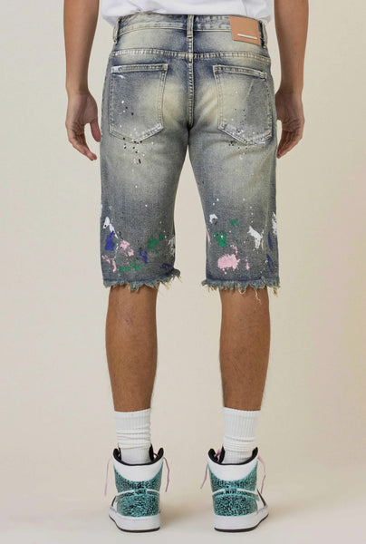 Hand paint and logo print denim shorts