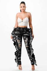 Acid Washed Butterfly Ruffle Skinny Jeans