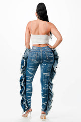 Acid Washed Butterfly Ruffle Skinny Jeans