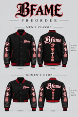 Black / Red / White — BFame men's classic and women's crop, front and back