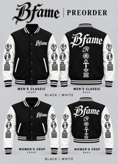 Black / White — men's classic and women's crop, front and back