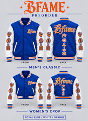 BFame royal blue white orange varsity jacket front and back preorder design