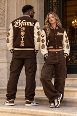 BFame chocolate-cream men's classic and women's crop modeled