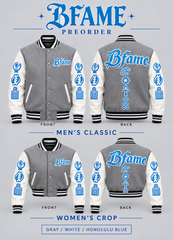 Gray / White / Honolulu Blue — BFame men's classic and women's crop, front and back