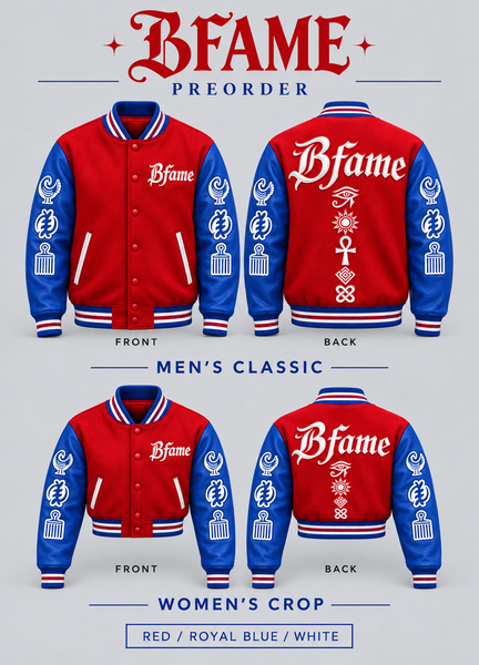 Red / Royal Blue / White — BFame men's classic and women's crop, front and back