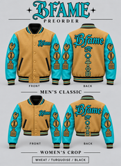 Wheat / Turquoise / Black — BFame varsity jacket front and back