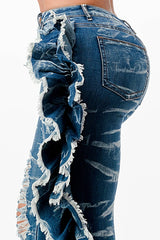 Acid Washed Butterfly Ruffle Skinny Jeans