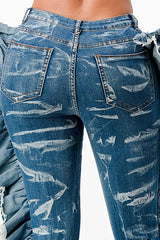 Acid Washed Butterfly Ruffle Skinny Jeans