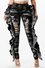 Acid Washed Butterfly Ruffle Skinny Jeans